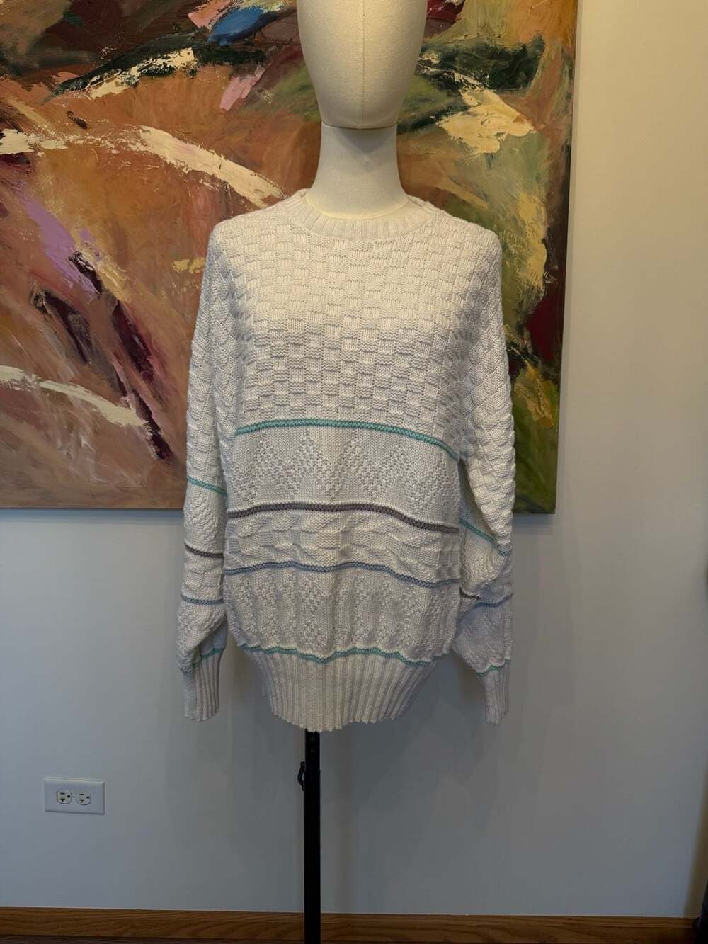 Vintage Hunt Club Crewneck Sweater White Cotton Textured Pattern Sz M